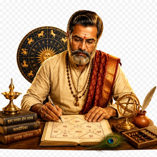 A hand-drawn North Indian kundali on a desk beside a brass armillary sphere
